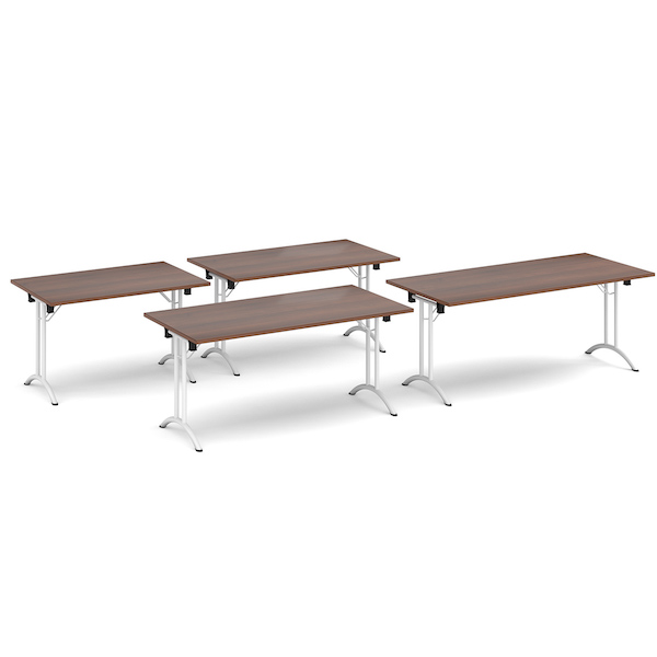 Dams Curved Folding Leg Table Range, from Office Furniture Centre, various sizes shown, white frame walnut tops