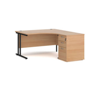 Dams Maestro 25 Corner Desk with Desk High Pedestal - Beech with Black frame 1400mm