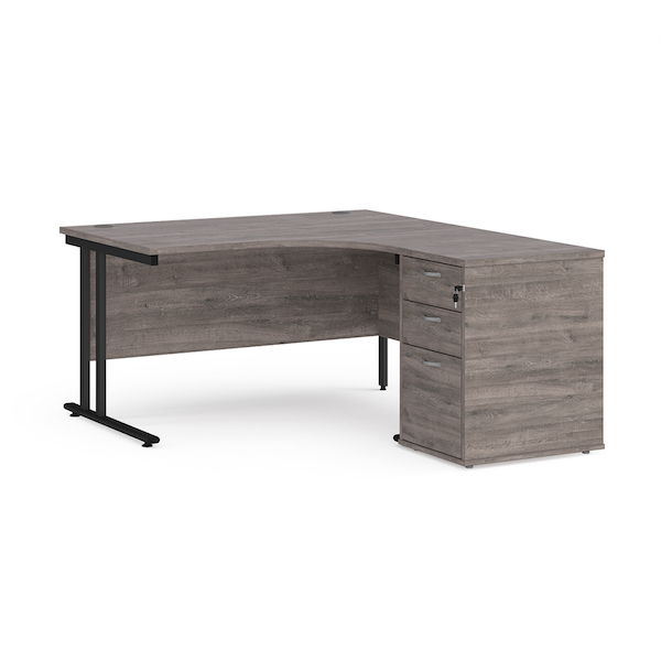 Dams Maestro 25 Corner Desk with Desk High Pedestal - Grey Oak with Black frame 1400mm
