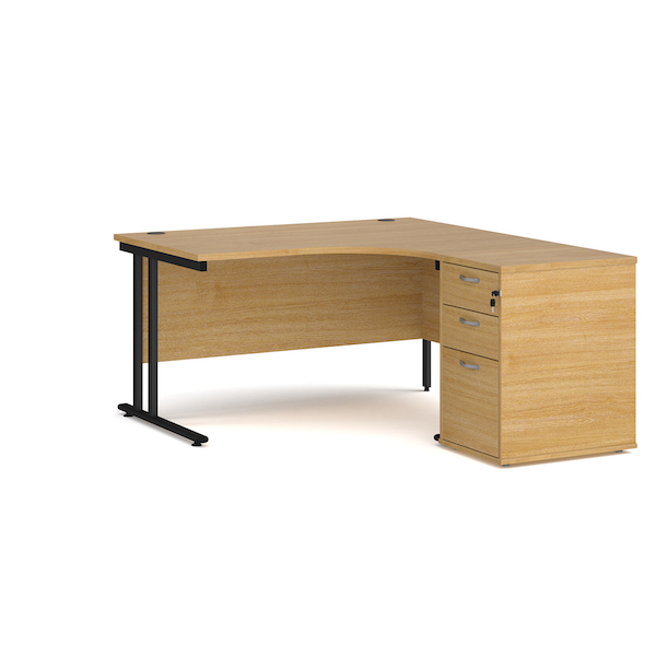 Dams Maestro 25 Corner Desk with Desk High Pedestal - Oak with Black frame 1400mm