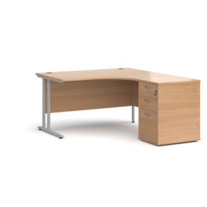 Dams Maestro 25 Corner Desk with Desk High Pedestal - silver frame, beech top 1400mm