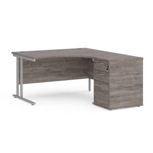 Dams Maestro 25 Corner Desk with Desk High Pedestal - Grey Oak with Silver frame 1400mm