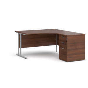 Dams Maestro 25 Corner Desk with Desk High Pedestal - Walnut with Silver frame 1400mm