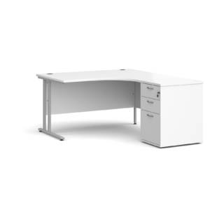 Dams Maestro 25 Corner Desk with Desk High Pedestal - White with Silver frame 1400mm