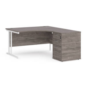 Dams Maestro 25 Corner Desk with Desk High Pedestal - Grey Oak with White frame 1400mm