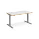 Dams Elev8 Mono Sit-Stand Desk, straight, 1400mm, silver frame, white top with oak edge