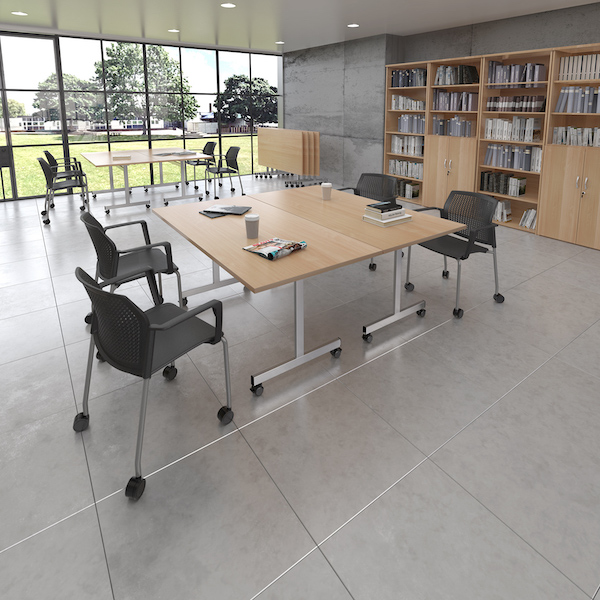 Dams Fliptop Meeting Table Range, from Office Furniture Centre 1400mm silver frame with top in beech, room setting