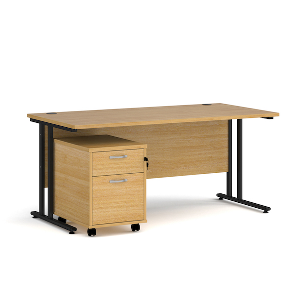 Dams Maestro 25 straight desk - black frame, oak top with 2 drawer pedestal 1600x800mm