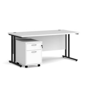 Dams Maestro 25 straight desk - black frame, white top with 2 drawer pedestal 1600x800mm