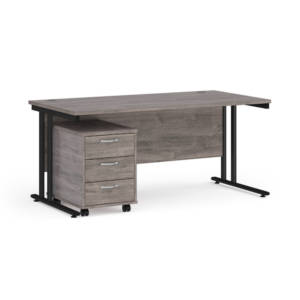 Dams Maestro 25 straight desk - black frame, grey oak top with 3 drawer pedestal 1600x800mm