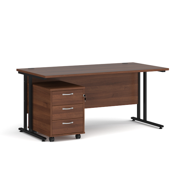 Dams Maestro 25 straight desk - black frame, walnut top with 3 drawer pedestal 1600x800mm