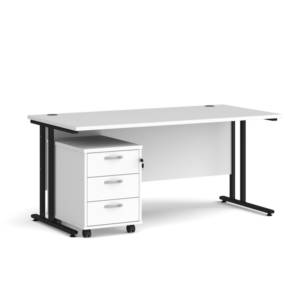 Dams Maestro 25 straight desk - black frame, white top with 3 drawer pedestal 1600x800mm