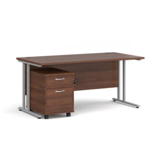 Dams Maestro 25 straight desk - silver frame, walnut top with 2 drawer pedestal 1600x800mm