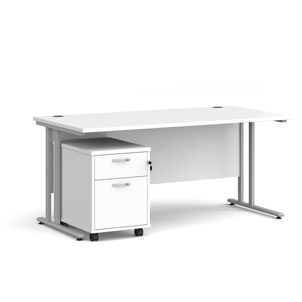 Dams Maestro 25 straight desk - silver frame, white top with 2 drawer pedestal 1600x800mm