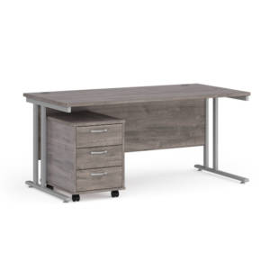 Dams Maestro 25 straight desk - silver frame, grey oak top with 3 drawer pedestal 1600x800mm