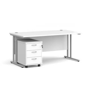 Dams Maestro 25 straight desk - silver frame, white top with 3 drawer pedestal 1600x800mm