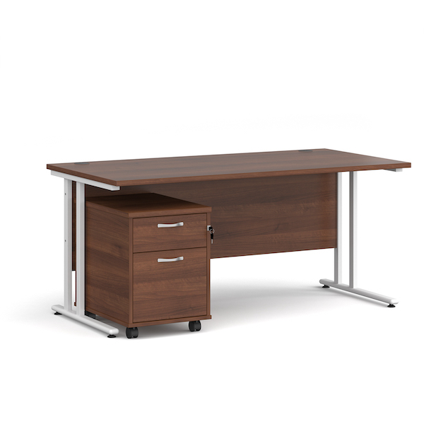 Dams Maestro 25 straight desk - white frame, walnut top with 2 drawer pedestal 1600x800mm