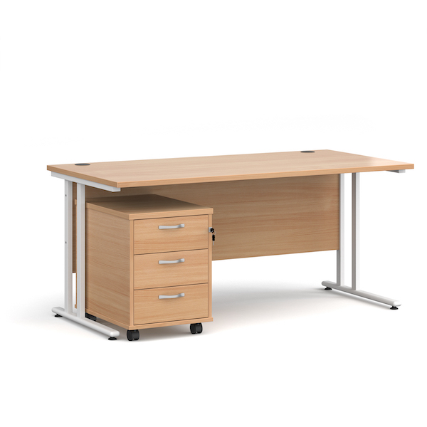 Dams Maestro 25 straight desk - white frame, beech top with 3 drawer pedestal 1600x800mm