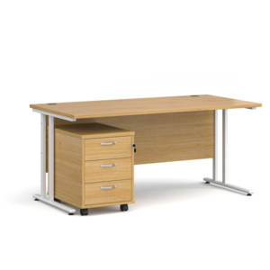 Dams Maestro 25 straight desk - white frame, oak top with 3 drawer pedestal 1600x800mm