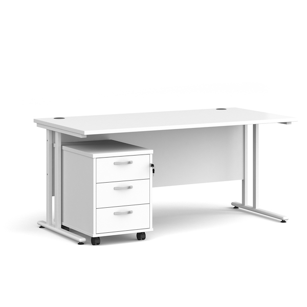 Dams Maestro 25 straight desk - white frame, white top with 3 drawer pedestal 1600x800mm