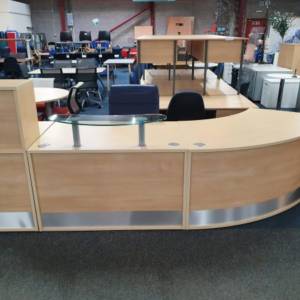 Used Large Reception Desk, front view straight section with curved section, drawer unit and glass shelf