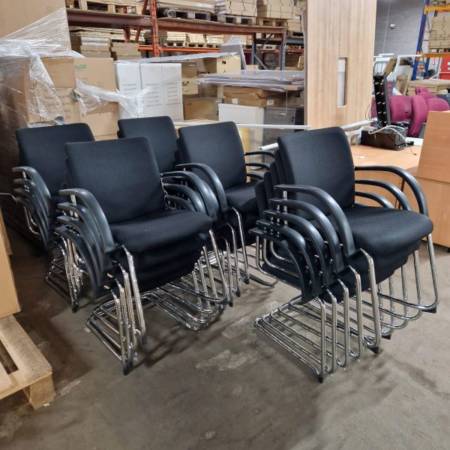 black fabric chairs with chrome cantilever frame, side view group