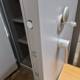 used Fireproof 2 door Cupboard, doors open, lock detail