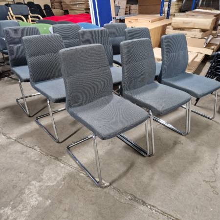 pre-owned grey fabric chairs chrome cantilever frame, front