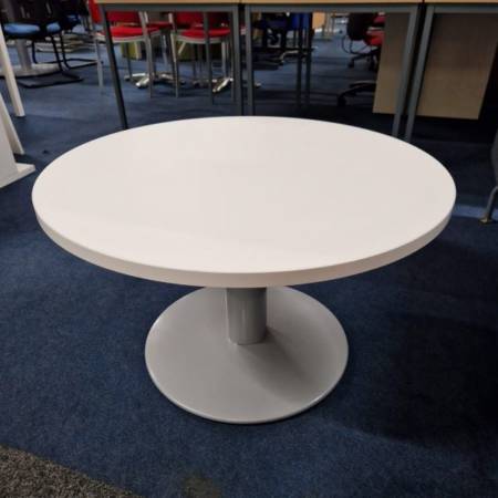 used round white coffee table with centre pedestal base
