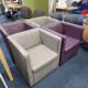 used purple and grey wipe clean tub chairs, front view