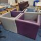 used purple and grey wipe clean tub chairs, rear view