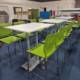 pre-owned high tables with green bar stools