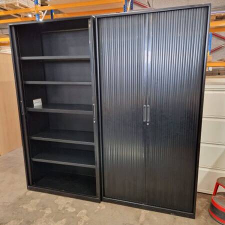 Used Tall Tambours, Black, open and closed doors